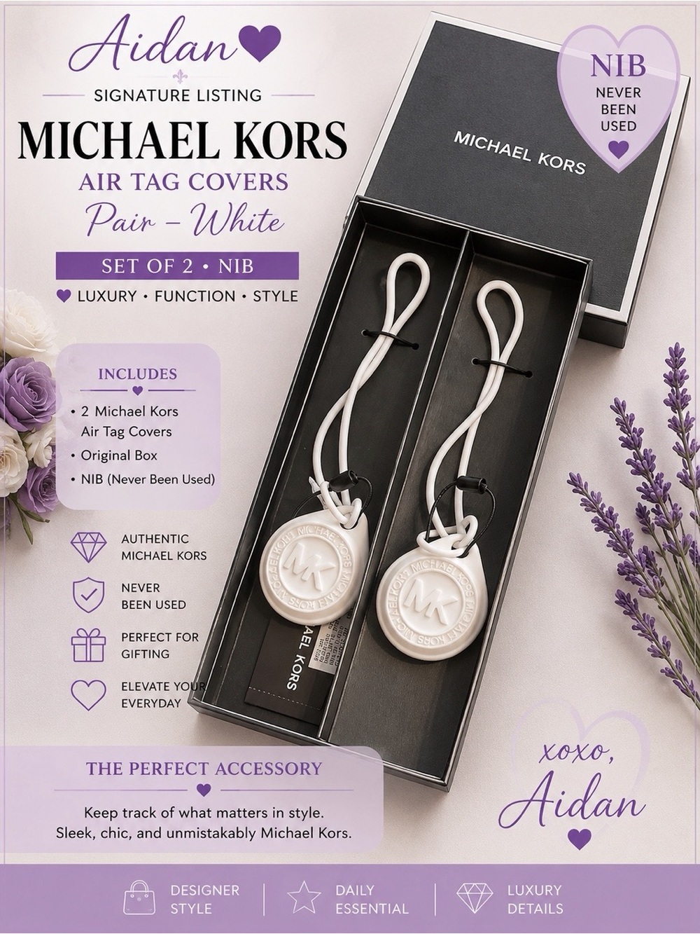 Michael Kors AirTag Holder Set of 2 White Silicone AirTag Covers NIB Gift Box